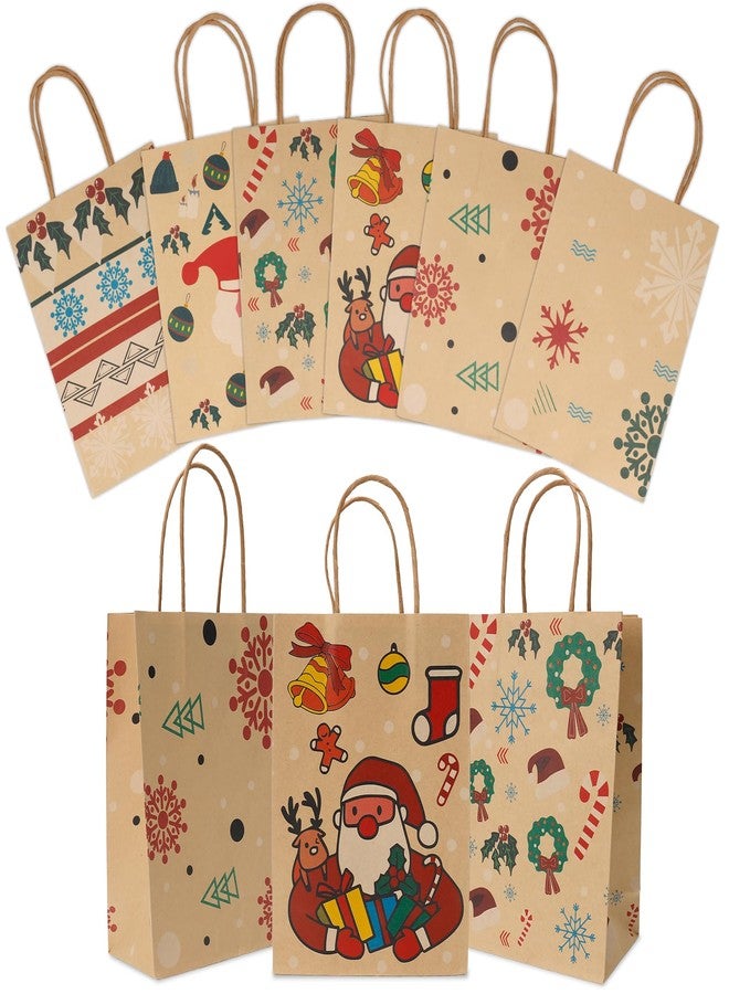QIHOMPIB 12 Pack Christmas Kraft Paper Bags(6x9 Inch) with Handle for Gift Goodie Treat Candy Snack Wrap Snowflake Santa Xmas Pouches Baggies Christmas Holiday New Year Party Favors Supplies Decorations - Image 1